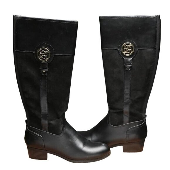 Liz Claiborne Shoes - Liz Claiborne Tilia Black Mixed Suede and Leather Stacked Heel Riding Boots 7.5